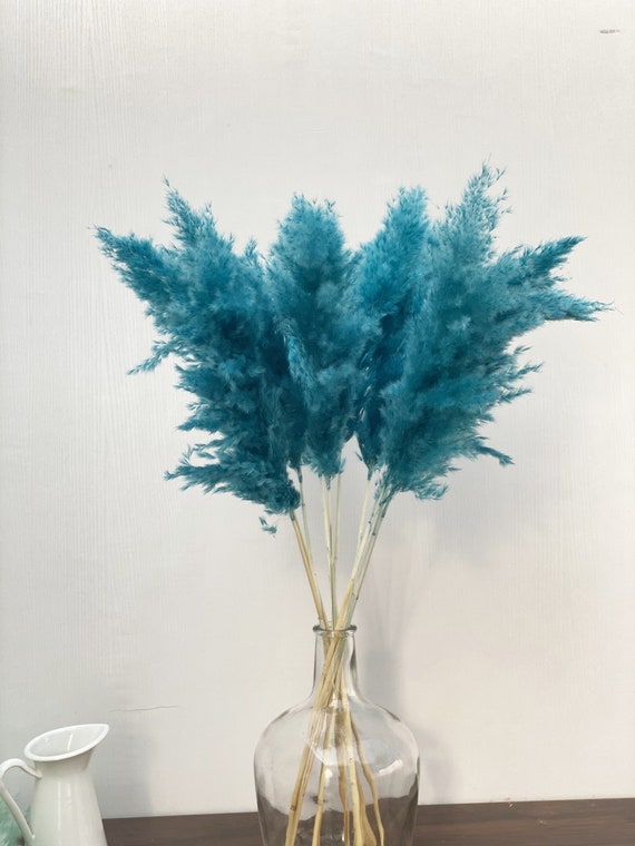 Blue jug vase with bulk gypsophila dried white flowers Stock Photo