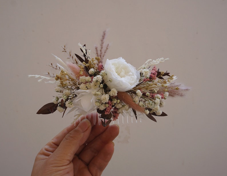 Hair comb dried and preserved flowers terracotta shade boho wedding, Hairdressing comb natural flower sustainable country wedding image 3