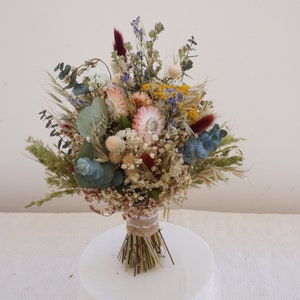Blue Burgundy Dried Flowers Preserved Daisy Flowers Greenery Bouquet Mix of Blush Peach flowers Yarrow Bridal bouquet