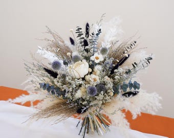 Blue Echinops+Eucalyptus+Navay Blue Rabbit Tail Dried Flowers Wedding Bouquet, Bohemian pampas grass Bride, Country Style