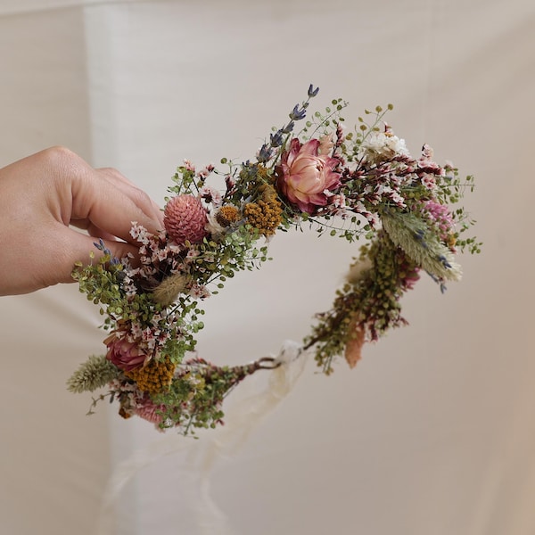 Corona de flores secas de margaritas/Corona de flores para novias/Guirnalda para el cabello de flores secas/Coronas de flores de otoño para niñas/Corona para niñas/Corona rústica para bodas