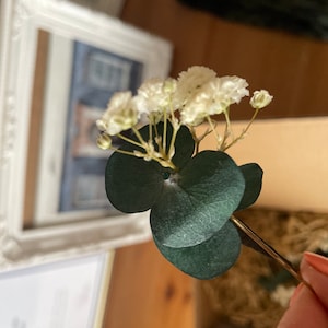 Épingle à cheveux gypsophile avec feuille d'eucalyptus Épingles à cheveux de mariée eucalyptus Accessoires pour cheveux de demoiselle d'honneur pour demoiselle d'honneur image 3