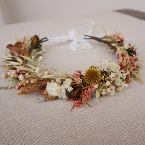 Autumn Dried Flower Crown - darling halo style headband in organic naturally dried flowers in mustard yellow, Blush and cream