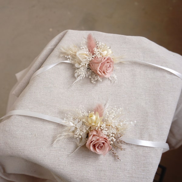 Rosa und Creme Boho Trockenblumen Hochzeit Handgelenk Corsage