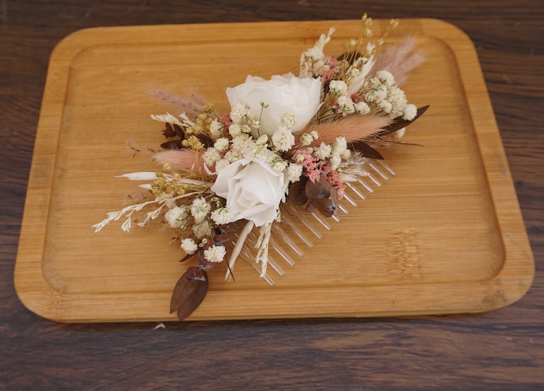 Hair comb dried and preserved flowers terracotta shade boho wedding, Hairdressing comb natural flower sustainable country wedding image 2