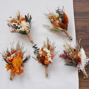 Rust+Terracott+burnt orange+eucalyptus leaf boutonniere, Autumn wedding boutonniere, Wedding boutonniere, groomsmen boho boutonniere