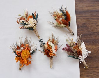 Rust+Terracott+burnt orange+eucalyptus leaf boutonniere, Autumn wedding boutonniere, Wedding boutonniere, groomsmen boho boutonniere