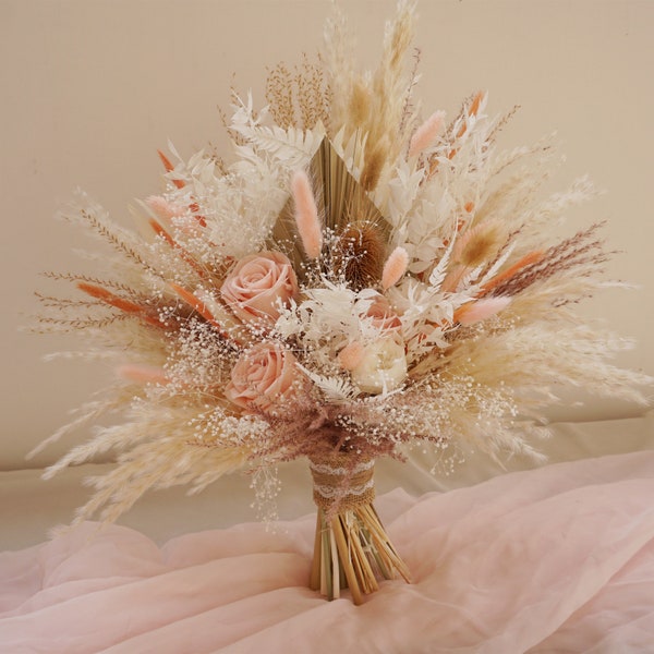 Pink Rose Bouquet - Pampas Grass Bouquet -Boho Bridal Bouquet-Boho Floral Arrangement-Boho Bouquet Wedding