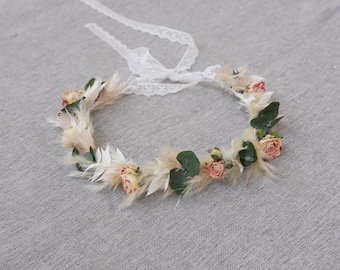 Pampas Grass Eucalyptus Crown  Pink Rose Crown Blush Tieback Toddler and Adult crown