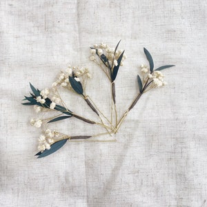 Horquilla de eucalipto con hojas, alhelí, horquillas de eucalipto para novia, accesorios para el cabello de flores para dama de honor y niña de las flores.