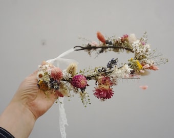 Bridal Pink Dried Flower Crown Wedding Headband，Bridal Floral Crown, Flower Girl Crown, Fairy Crown, Princess Crown