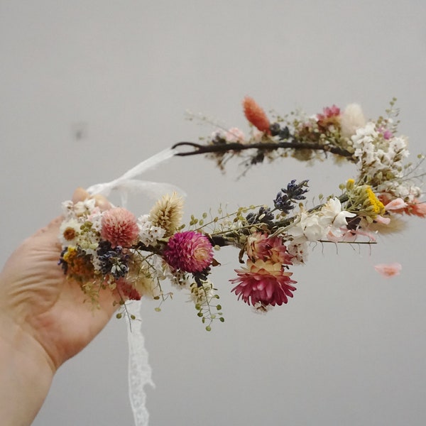 Bridal Pink Dried Flower Crown Wedding Headband，Bridal Floral Crown, Flower Girl Crown, Fairy Crown, Princess Crown