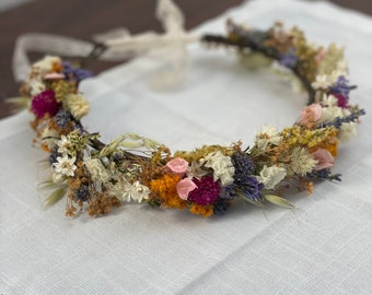 Dried Flower Crown Halo Wreath - Dried Naturals - Mustard & Orange- Bridal - Wedding Flower Girl - Autumn Wedding