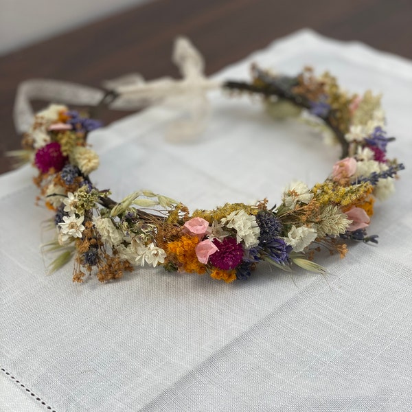 Dried Flower Crown Halo Wreath - Dried Naturals - Mustard & Orange- Bridal - Wedding Flower Girl - Autumn Wedding