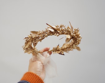 Golden crown, Flower halo, Lush monochrome crown,Golden leaves queen crown, Gold headband, Golden headband, Flower girl halo