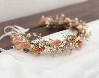 Dried Baby&#39;s Breath Bridal Crown/Gypsophila Wreaths for Hair/Pink Bunny Tail/ Bridesmaid Headband/Headpieces for Girls