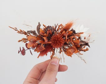 Bränd orange torkad blommig brudkam/torkade vildblommor hårkam/bröllopsblommig hårsmycke