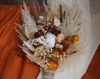 Wildflower Bride Bouquet Burnt Orange / Festival Meadow Bouquet / Bridal Bouquet Cream / Baby&#39;s Breath Bouquet Preserved Flowers