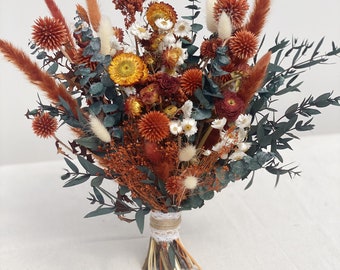 Boho verbrand oranje gedroogd bloemboeket, verbrand oranje bruiloft bloemen, roest oranje bloemen bruidsboeket, rustieke gedroogde bloem bruiloft boeket