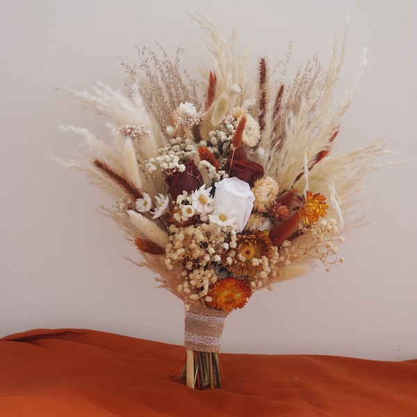 Wildflower Bride Bouquet Burnt Orange / Festival Meadow Bouquet / Bridal Bouquet Cream / Baby's Breath Bouquet Preserved Flowers