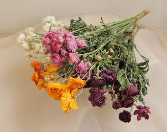 Könnte beinhalten: Ein Strauß getrockneter Blumen mit einer Vielzahl von Farben. Das Arrangement umfasst weiße, rosa, orangefarbene und tiefviolette Blüten, die mit Bindfaden zusammengebunden sind. Die Blumen sind vor einem weichen, neutralen Hintergrund platziert.