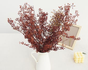 May include: A white ceramic pitcher holds a bouquet of dried, reddish-brown flowers. The arrangement is set on a white surface, with a small framed picture and a yellow cube-shaped candle nearby. The flowers have many small buds.