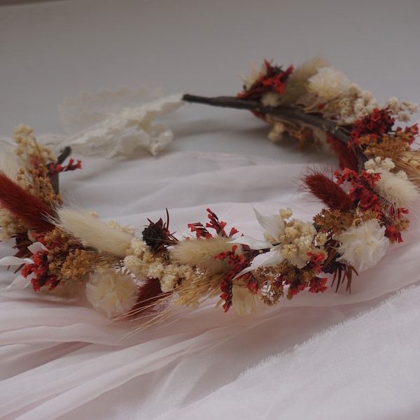 Dried Flower Crown Halo Wreath - Dried Naturals - Rust & Burgundy Baby's Breath - Bridal - Wedding Flower Girl - Boho - Preserved