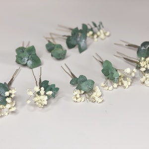 Épingle à cheveux gypsophile avec feuille d'eucalyptus Épingles à cheveux de mariée eucalyptus Accessoires pour cheveux de demoiselle d'honneur pour demoiselle d'honneur image 1