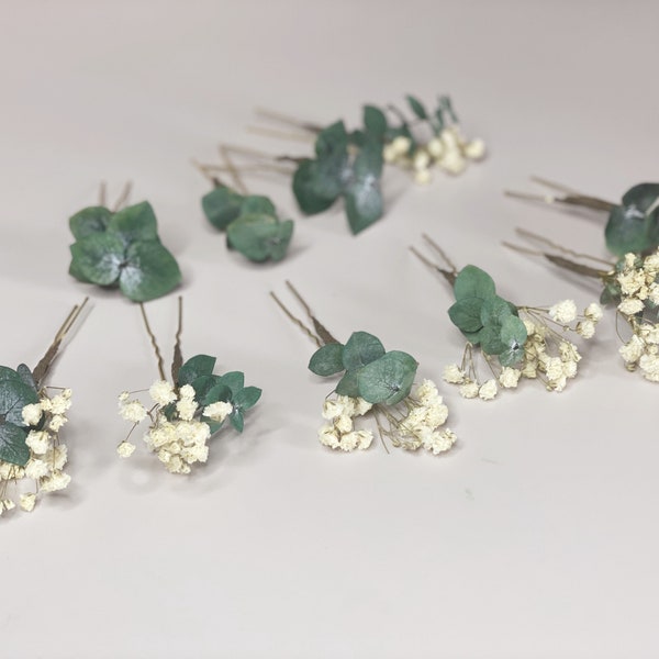 Épingle à cheveux gypsophile avec feuille d'eucalyptus | Épingles à cheveux de mariée eucalyptus | Accessoires pour cheveux de demoiselle d'honneur pour demoiselle d'honneur