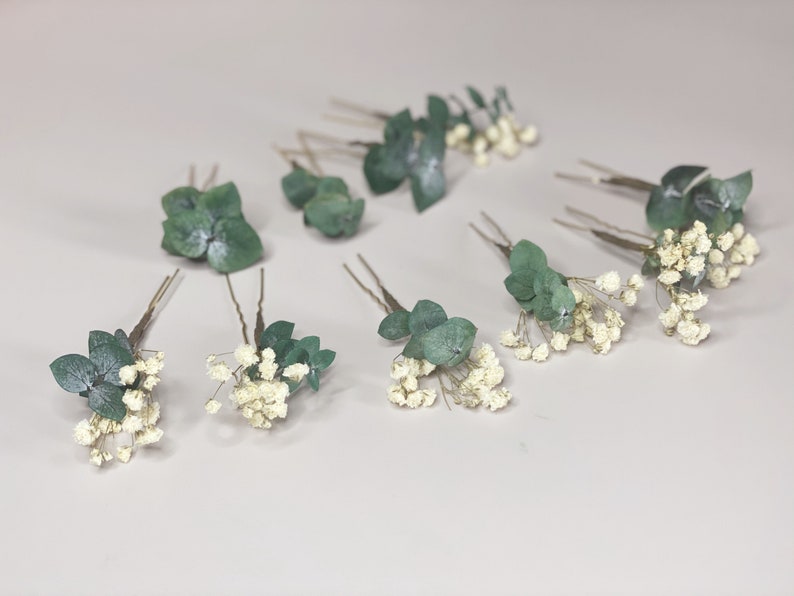 Épingle à cheveux gypsophile avec feuille d'eucalyptus Épingles à cheveux de mariée eucalyptus Accessoires pour cheveux de demoiselle d'honneur pour demoiselle d'honneur image 1