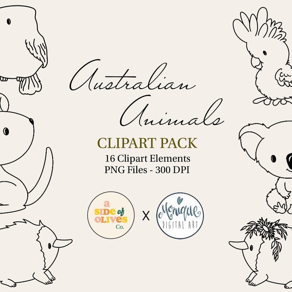 Australian Animals Clipart Pack - Hand Drawn Doodles. Nursery, Koala, Kangaroo, Sketch, Outline, Digital Art, Black and White, Stamps, PNG.