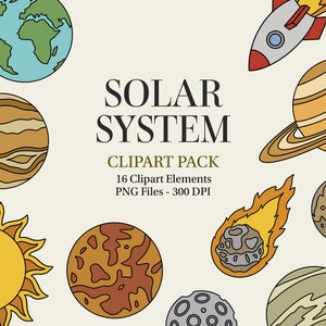 Paquete de imágenes prediseñadas del sistema solar - Doodles dibujados a mano. Planetas, Espacio, Galaxia, Estrellas, Sol, Tierra, Marte, Boceto, Color, Arte Digital, Sellos, PNG.