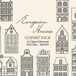 European Houses Clipart Pack - Hand Drawn Doodles. Houses, Europe, Amsterdam, Sketch, Outline, Digital Art, Black and White, Stamps, PNG.