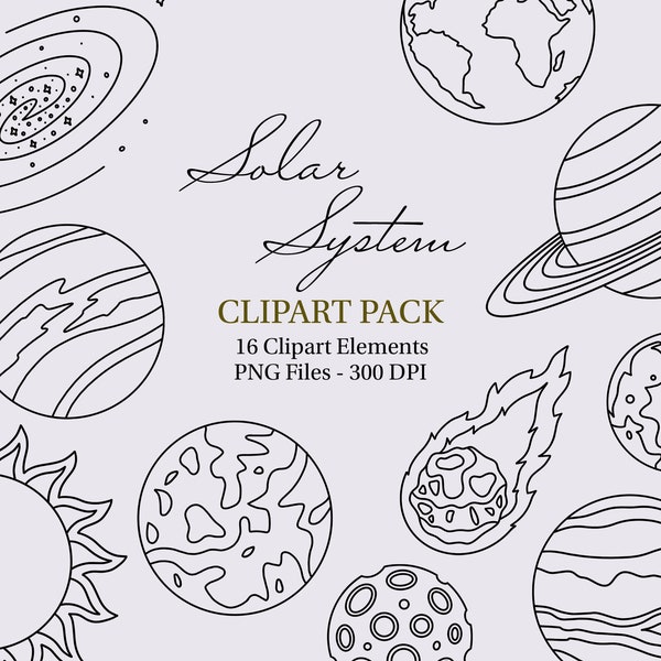 Solar System Clipart Pack - Hand Drawn Doodles. Planets, Space, Galaxy, Stars, Sketch, Outline, Digital Art, Black and White, Stamps, PNG.