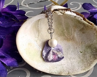 Mermaid necklace, sea shell necklace, purple shell, shimmery beads, fantasy necklace, Ariel necklace, gift for her