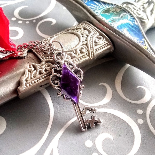 Enchanted key, key to my heart, fantasy key, jeweled key, medieval key, key necklace, key pendant, gift for her, resin plastic, purple