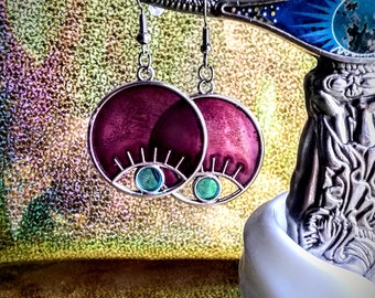 Wild eye Earrings, circle earrings, gift for her, hoop earrings, purple, blue, resin plastic, eye earrings