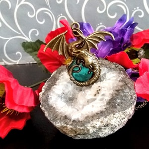 Gold dragon medallion, bronze dragon necklace, Celtic dragon, turquoise inlay, gift for her, gift for him, fantasy necklace
