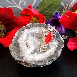 May include: A silver key pendant with a red gemstone set in a geode. The geode is white with gray accents and is surrounded by red flowers.