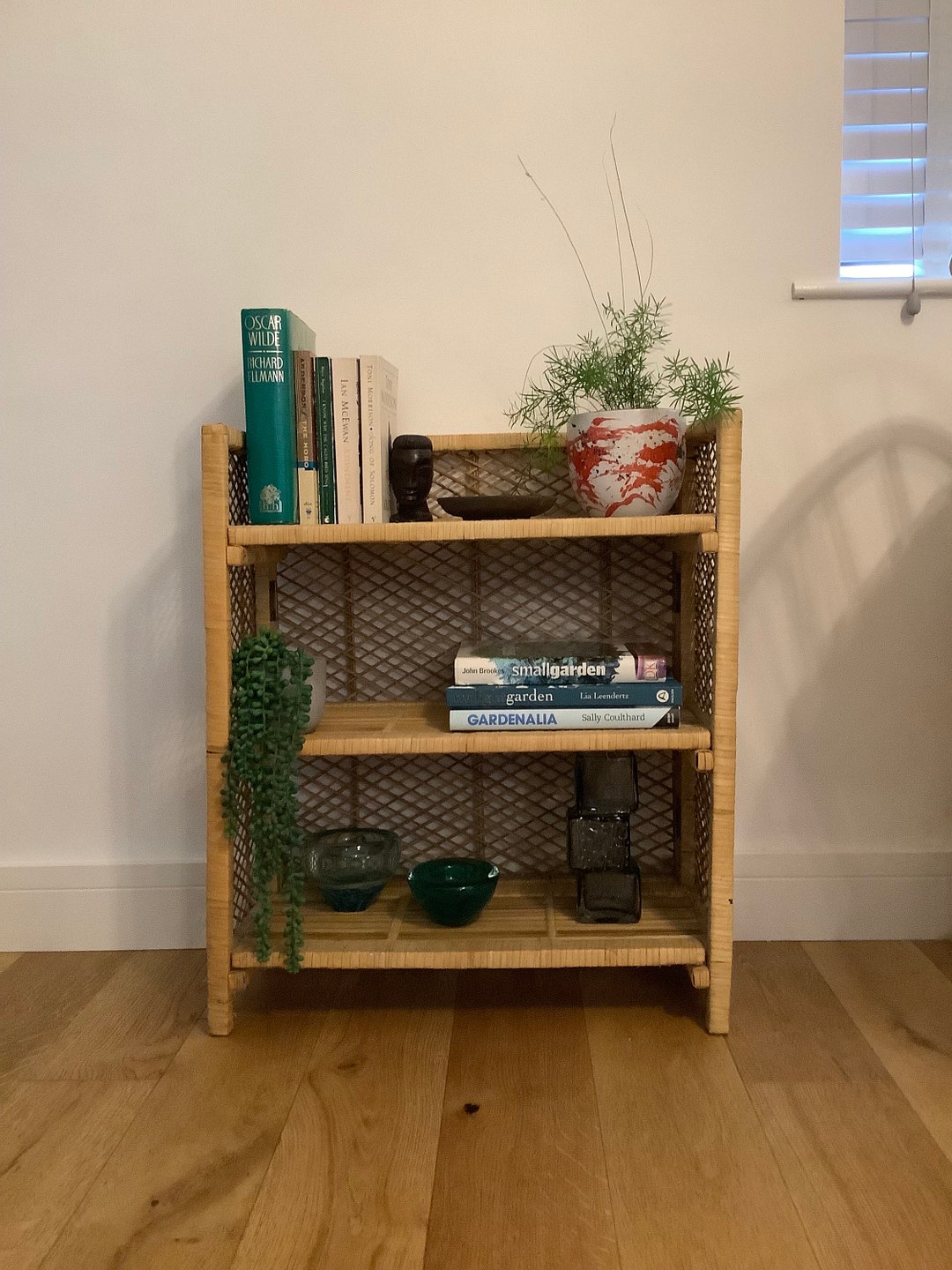 Vintage Wicker Shelf Unit, Mid Century Peacock Style Wicker Shelving Unit, 1970s Wicker Bookcase