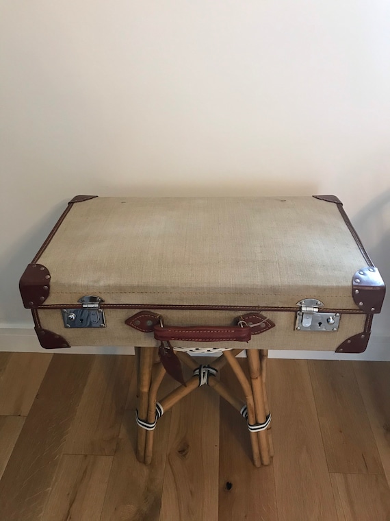 Vintage military canvas and leather large suitcase