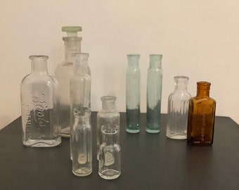 Antique small glass bottles, collection of 10 vintage bottles, chemist bottles, miniature bottles, display bottles, specimen bottles, joblot