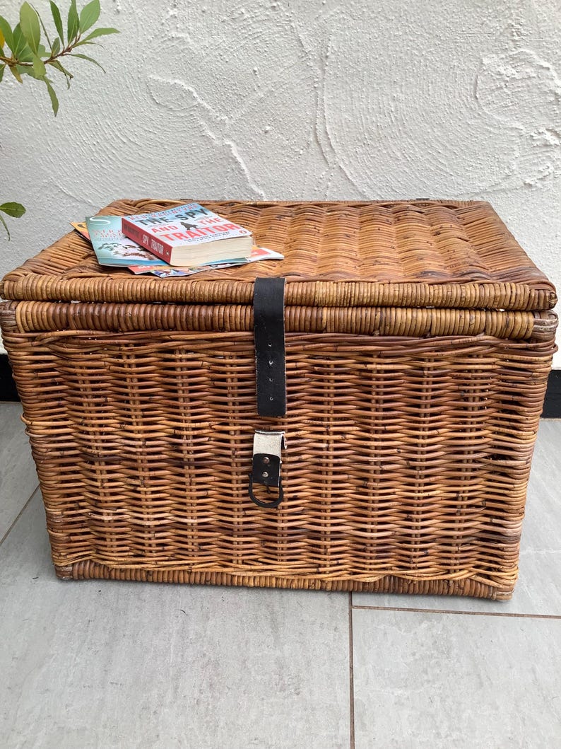 Vintage Large Wicker Trunk, Large Mid Century Willow Basket, 1960s