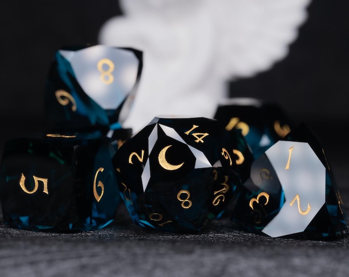 Hand Carved Blue Crystal Gemstone Dice Set: Moon Style Polyhedral DnD Dice