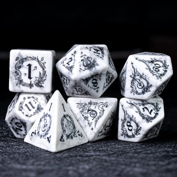 Hand Carved White Turquoise DND Dice Set: Music Theme, Original Design