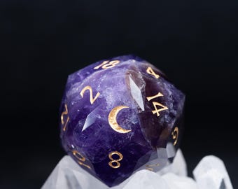 Natural Amethyst Gemstone Dice Set: Moon Engraved, RPG Dice,Dungeons and Dragons