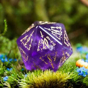 Handmade Amethyst DND Dice Set with Elvish Runes-Natural Gemstone Polyhedral Dice for Tabletop RPG Unique Gift for Dungeons Dragons Players