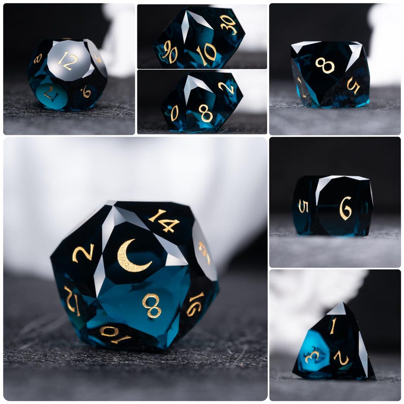 Hand Carved Blue Crystal Gemstone Dice Set: Moon Style Polyhedral DnD Dice image 3