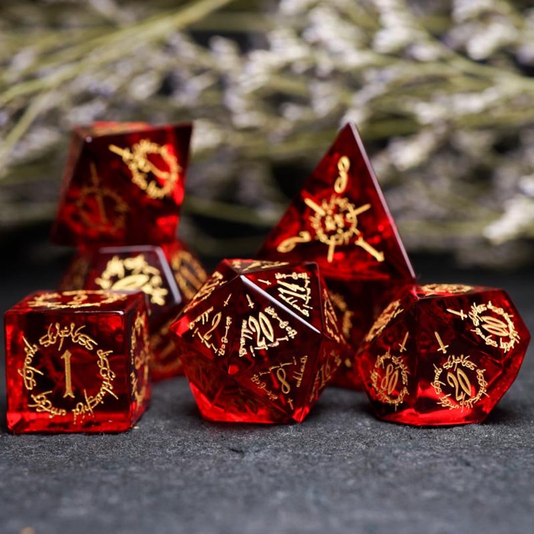 Red Glass DND Dice Set โ Elven Runes, Handcrafted Polyhedral RPG Dice ...