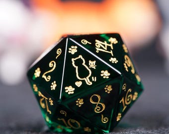 Juego de dados de vidrio verde pino: dados poliédricos de estilo felino para juegos de rol